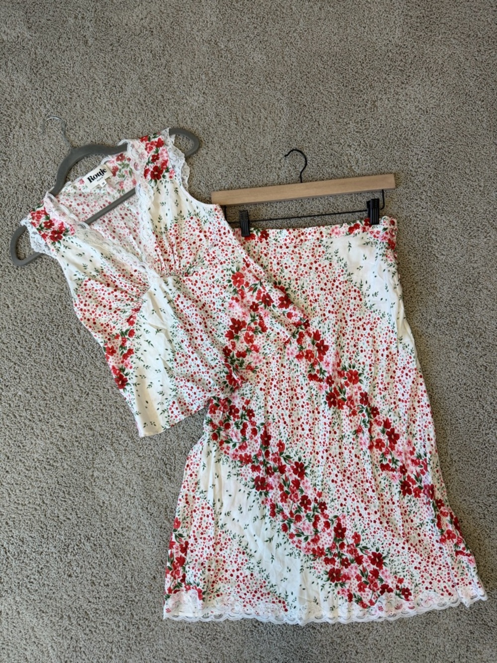 Rouje Paris Set White Floral Two-Piece Set with Red Rose Print and lace trim